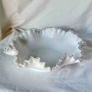 Fenton White Milk Glass Clear Crest Candy Bowl Dish Ruffled Crimped Edges